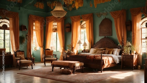 Interior of a hotel. Luxury vintage south Indian style bedroom with a blend of American colonial and indigenous design elements  showcasing high ceilings  ceiling fans  and vintage furnishing.