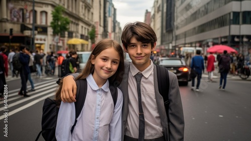 Girl and boy going to the school to study at it. Generative AI