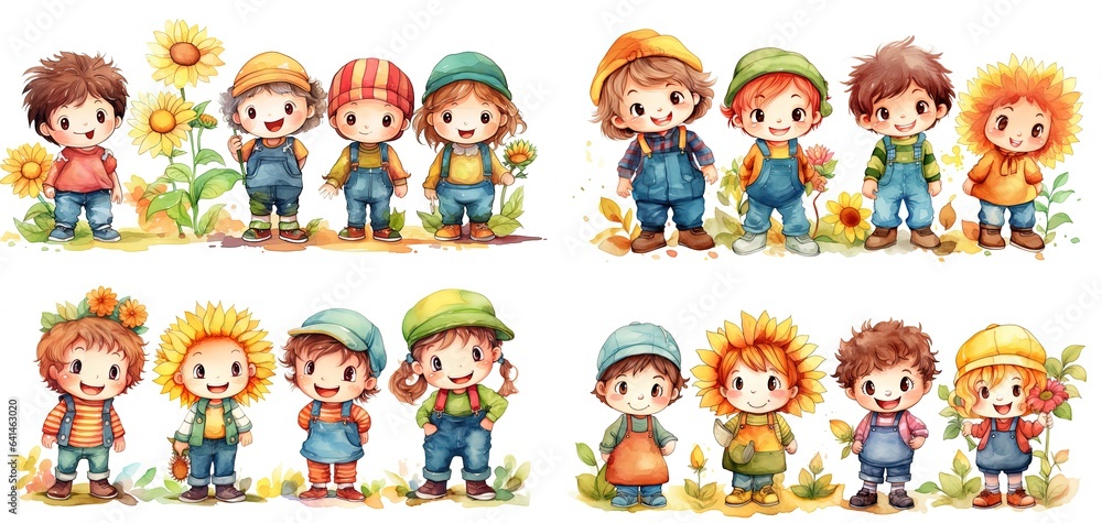 watercolor style illustration of cute cartoon kids play together, Generative Ai watercolor style illustration of cute cartoon kids play together, Generative Ai