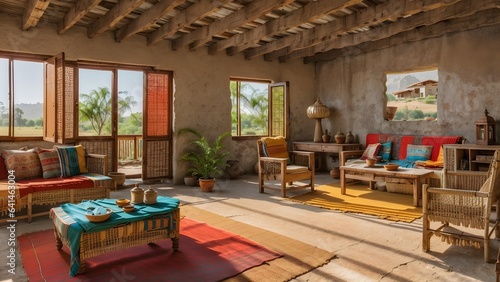Interior of a house. Interior of a house with chairs. Vintage rural Indian interior, featuring clay walls, handwoven textiles, and rustic wooden furniture. © Lokesh