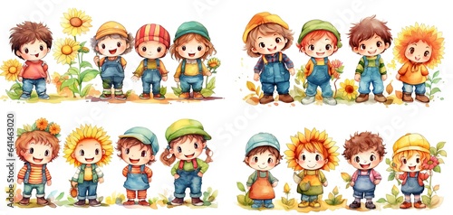 watercolor style illustration of cute cartoon  kids play together  Generative Ai