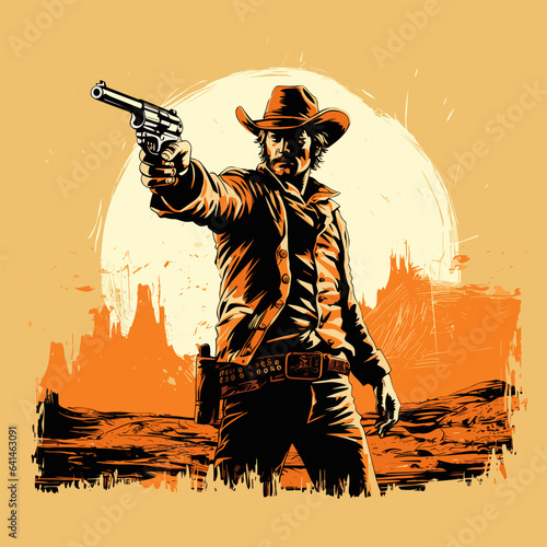 Cowboy with a gun. Shooting cowboy hand-drawn comic illustration. Vector doodle style cartoon illustration photo