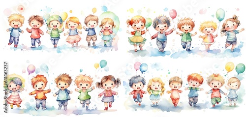 watercolor style illustration of cute cartoon  kids play together  Generative Ai
