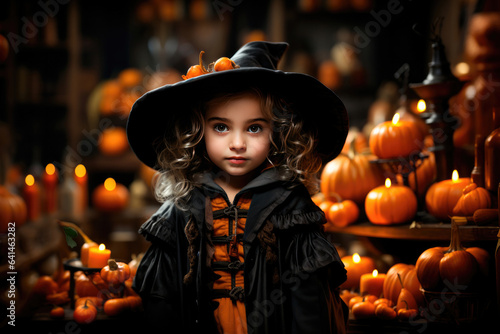 Child girl in a witch costume for Halloween among pumpkins in the background