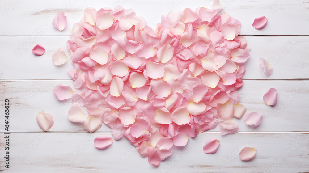Fototapeta premium Pink Rose Petals Heart Symbol White Rustic Wooden Background