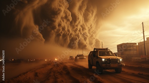  Sandstorm, sand is blown away by a strong wind. Concept: evacuation of people in transport from the danger zone. A natural phenomenon © Marynkka_muis