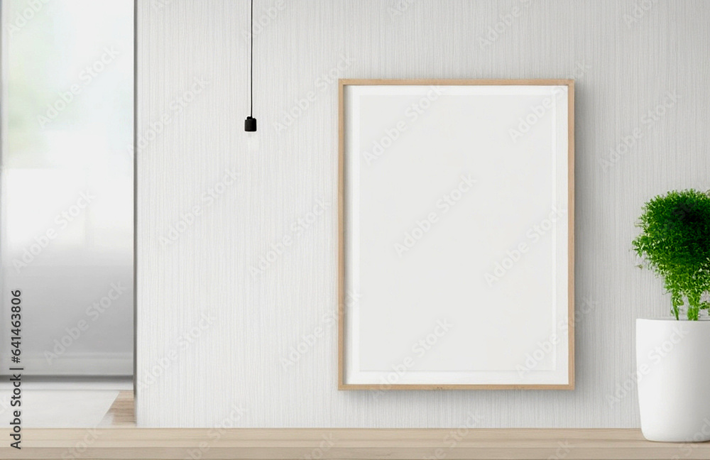 Blank Wooden Picture Frame Mockup On Wall In Modern Interior. Horizontal Artwork Template Mock-Up For Artwork, Painting, Photo Or Poster In Interior Design Blank Wooden Picture Frame Mockup On Wall In Modern Interior. Horizontal Artwork Template Mock-Up For Artwork, Painting, Photo Or Poster In Interior Design