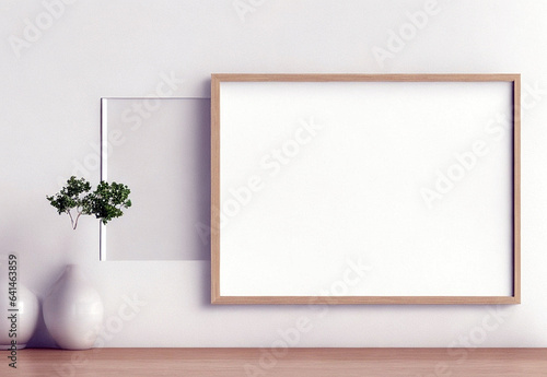 Blank Wooden Picture Frame Mockup On Wall In Modern Interior. Horizontal Artwork Template Mock-Up For Artwork, Painting, Photo Or Poster In Interior Design  © Lazy Dog