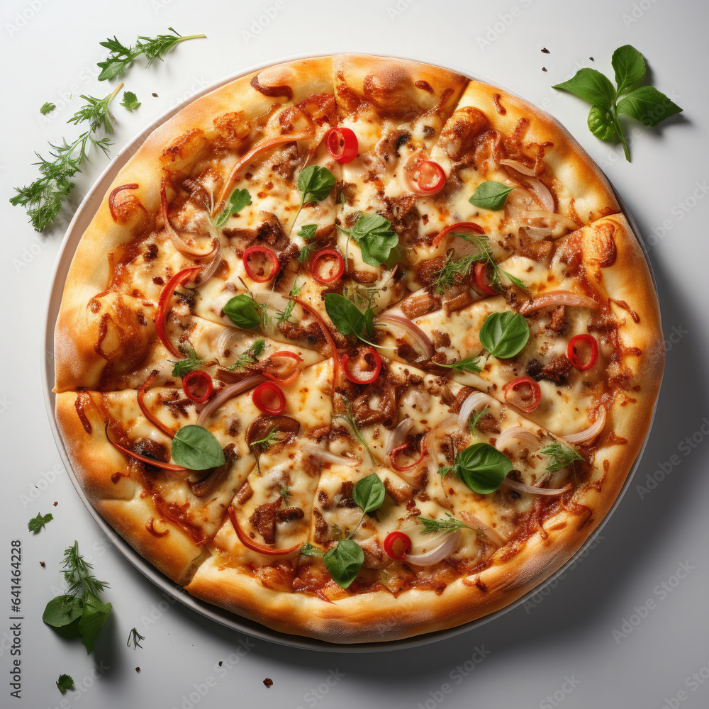 Big pizza that looks delicious, well-cooked pizza with parsley, basil, lots of cheese and onions, topped with basil and pepper Generative AI


