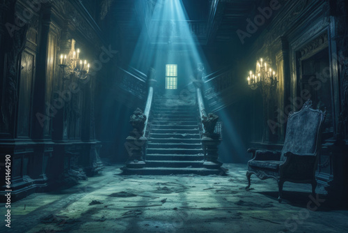 Staircase set against the backdrop of a time-worn and forsaken mansion hall, evoking a chilling atmosphere