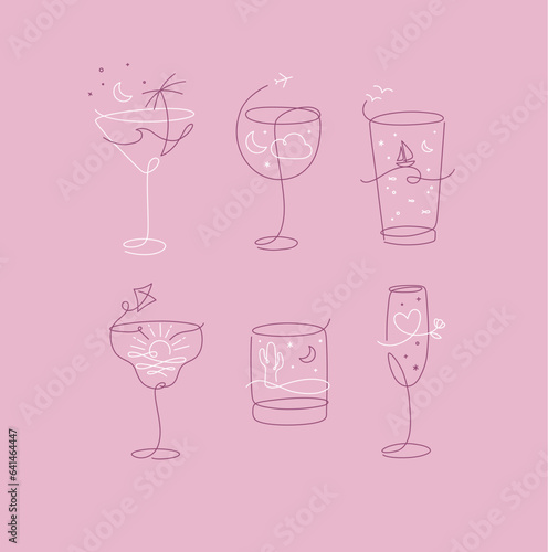 Cocktail glasses vacation holiday theme in line style drawing on pink background