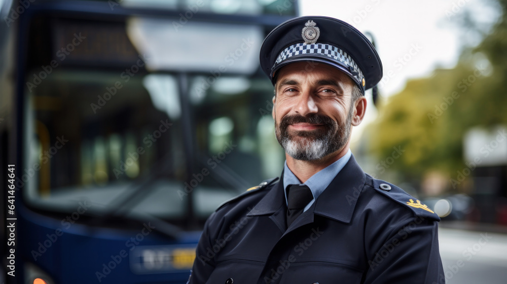 Happy public transport driver in front of bus looking at camera. Copy space. Happy public transport driver in front of bus looking at camera. Copy space.