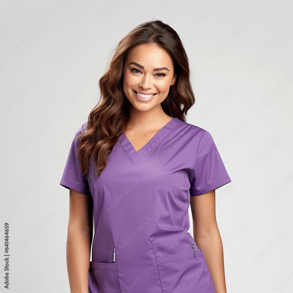 Fototapeta premium Portrait of a Nurse Wearing Purple Scrubs-Smiling