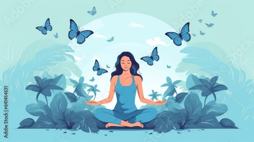 A woman meditates in nature and leaves. Conceptual illustration of yoga  meditation  relaxation  healthy lifestyle. flat style illustration