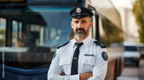 Happy public transport driver in front of bus looking at camera. Copy space.