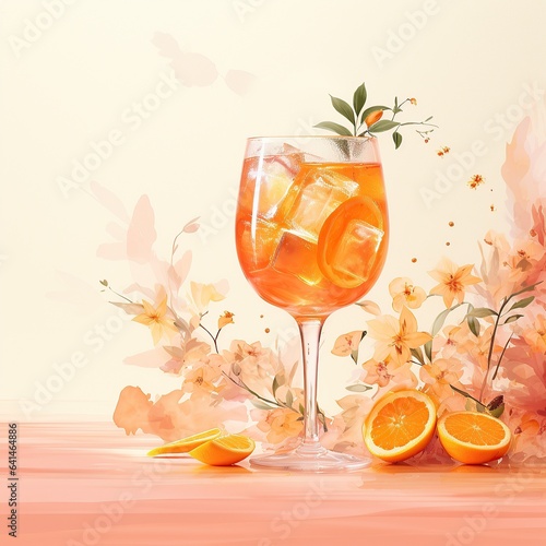 aperol spritz cocktail with slice of orange and flowers