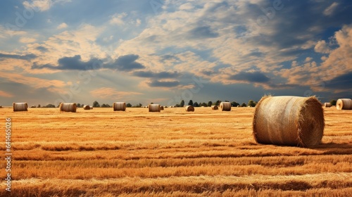 A field full of hay bales under a cloudy sky
