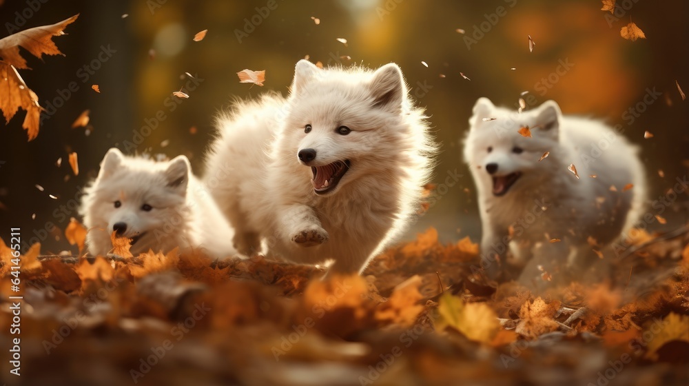 Arctic foxes rolling joyfully in a bed of fallen leaves, their mischievous eyes sparkling with energy as their fur becomes adorned with the colors of autumn. Arctic foxes rolling joyfully in a bed of fallen leaves, their mischievous eyes sparkling with energy as their fur becomes adorned with the colors of autumn.