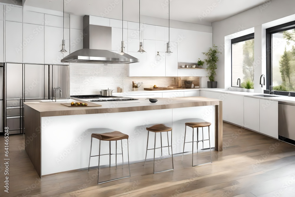 A modern kitchen with stainless steel appliances and a white canvas frame for a mockup, blending functionality and artistry.
A modern kitchen with stainless steel appliances and a white canvas frame for a mockup, blending functionality and artistry.