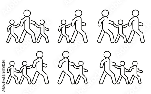 Pedestrian adult person and children walk, escort hold hand, line icon set. Safely cross road and walk symbol. Vector outline