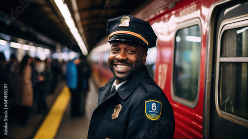 Train driver posing in front of high speed train. Subway train