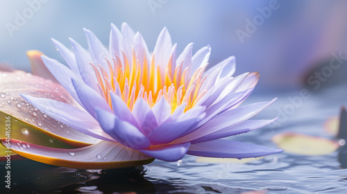 the water lily flower is purple and yellow  in the style of national geographic photo