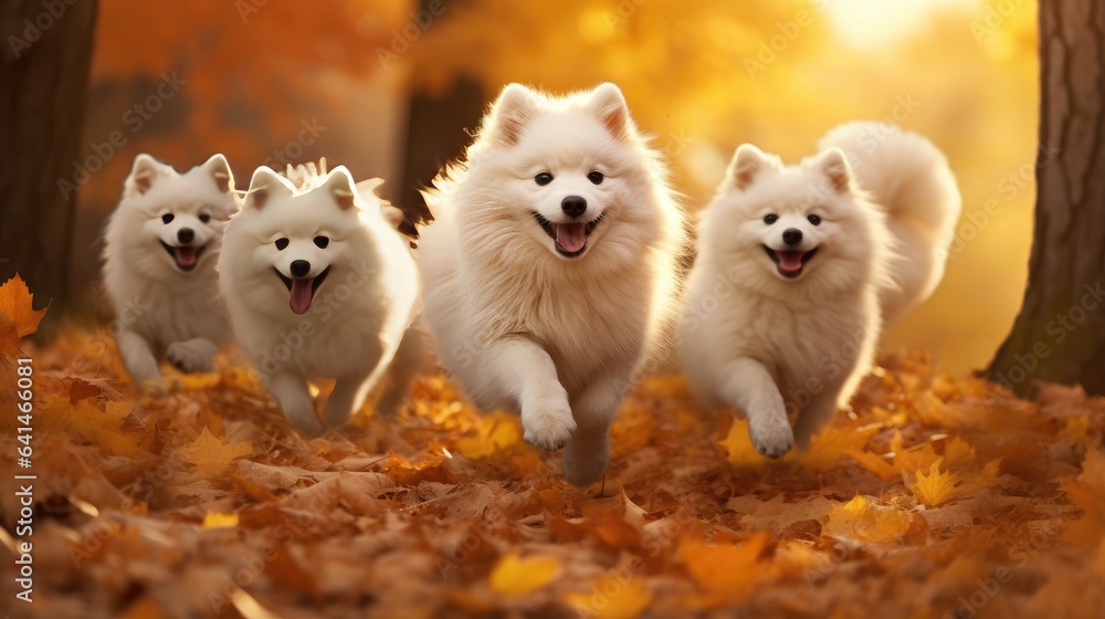 Arctic foxes rolling joyfully in a bed of fallen leaves, their mischievous eyes sparkling with energy as their fur becomes adorned with the colors of autumn. Arctic foxes rolling joyfully in a bed of fallen leaves, their mischievous eyes sparkling with energy as their fur becomes adorned with the colors of autumn.