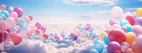 colorful balloons in the sky background, in the style of surreal 3d landscapes, pink and aquamarine
