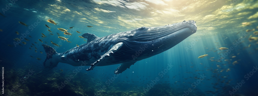 a humpback whale in the blue ocean, in the style of monochrome landscapes