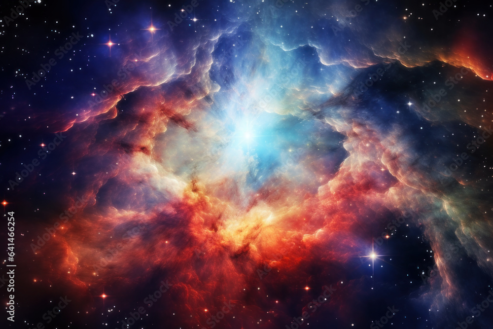 Deep space dotted with bright stars, interstellar gas clouds, and mysterious galaxies. Abstract background