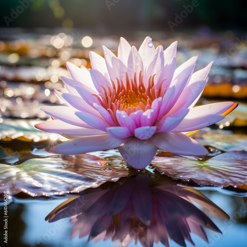 purple water lily floating on a pond, in the style of light orange and light blue.