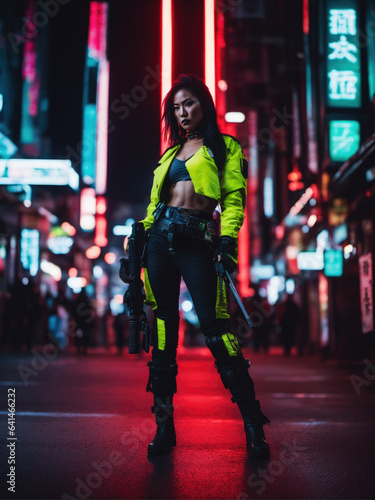A cyber-infused cityscape straight out of a sci-fi novel, where a lone cyber girl confronts the neon-splashed streets of a retro Japanese metropolis.