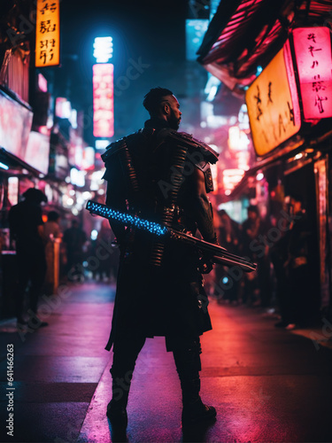 lone cyber samurai wandering through the neon streets.