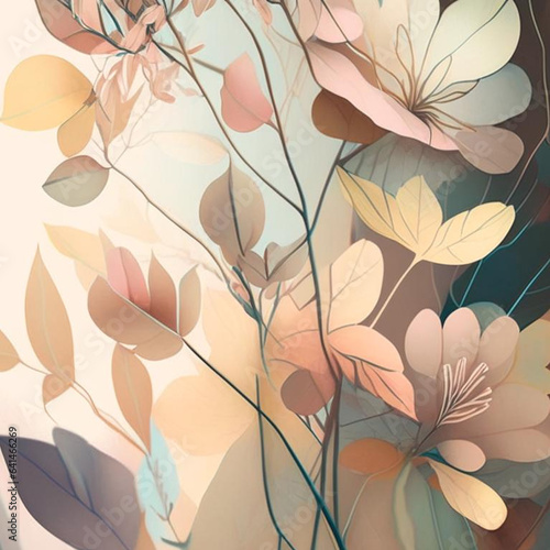 Soft brown, yellow, orange and pink shades flowers with stems and leaves. Watercolor art background. © marylooo