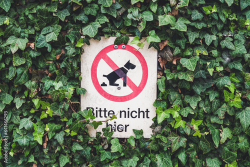 Schild mit der Aufschrift Bitte hier nicht und einem durchgestrichenen Hund - Verbotsschild Hundetoilette umranded mit Efeu an einer Hauswand