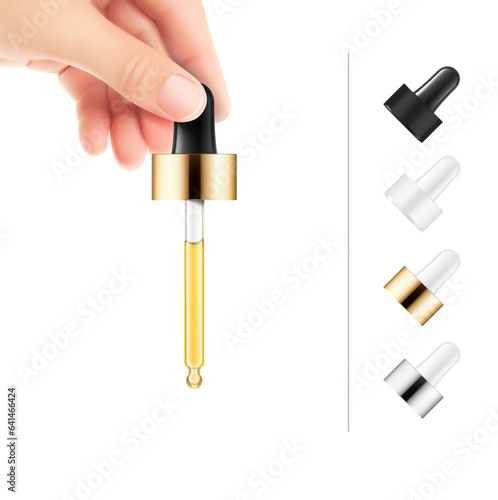 Realistic hand holding dropper pipette with different sample. Vector illustration isolated on white background. Сan be used for cosmetic, medical and other needs. EPS10.
