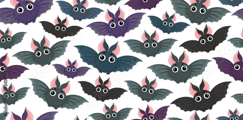 Halloween pattern. Cute bats on dark backdrop. Bats hand drawn, cartoon style bat. Holiday colorful background. Halloween animal characters texture. Halloween background, fabric textile.