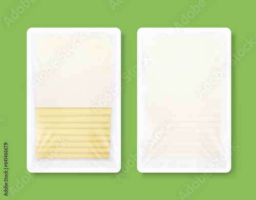 Rectangle tray container mockup with sliced cheese. Realistic vector illustration on different backgrounds. Flat lay view. Ready for use in your design. EPS10.