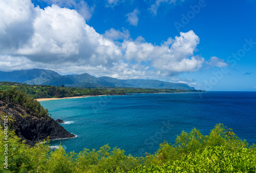 Panorama of Kauai north coast coastline from Kauapea beach to Princeville and Hanalei on summers day