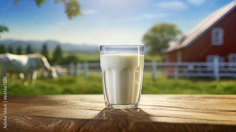 Obraz premium Glass of milk on blurred farm background and place for text. Concept of eco farm fresh product, healthy food