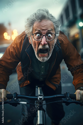 Elderly funny pensioner with terrified look rides a bike in urban traffic. Generative AI