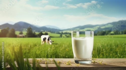 Glass of milk on blurred farm background and place for text. Concept of eco farm fresh product, healthy food