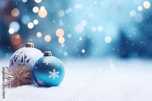 Winter background with Christmas toys in snow snowflakes