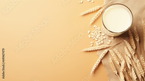 Alternative oat milk background with glass of milk and place for text. Plant based eco organic healthy product concept