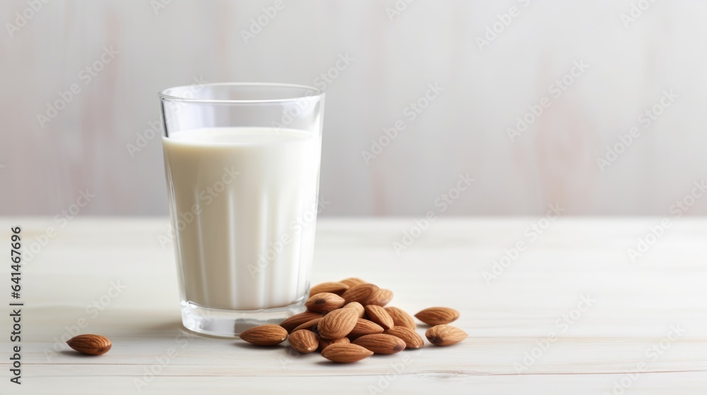 Alternative almond milk background with almond nuts and place for text. Plant based eco organic healthy product concept Alternative almond milk background with almond nuts and place for text. Plant based eco organic healthy product concept