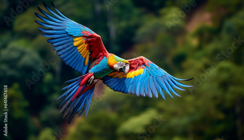 flying macaw parrot in jungle made with generative AI