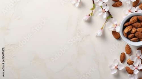 Almonds and flowers on the table with free place for text, mock up