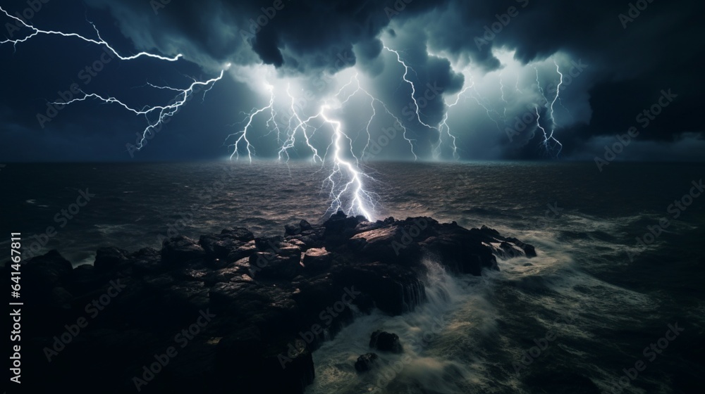 Drone Photography, capturing the dynamic beauty of a thunderstorm at sea, dark clouds swirling overhead, lightning illuminating the sky, waves crashing against rocks - obrazy, fototapety, plakaty 