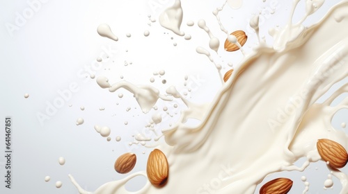 Pouring almond alternative milk liquid splashes with almond nuts background. Plant based eco organic healthy beverage concept photo