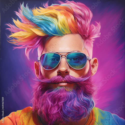 man with a beard and hairstyle painted in the colors of the rainbow.